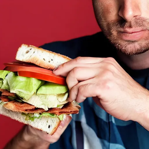 Prompt: a man eating a sandwhich while looking sad, realistic photo,