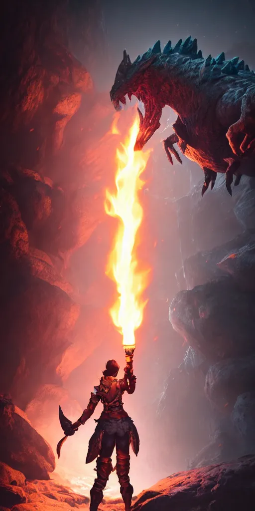 Image similar to a epic hero adventurer holding a torch in a dark cave, fantsy, concept art, artgerm, monster hunter world, 8 k realistic, radiant light, frostbite 3 engine, dof, cryengine, digital art, detailed background