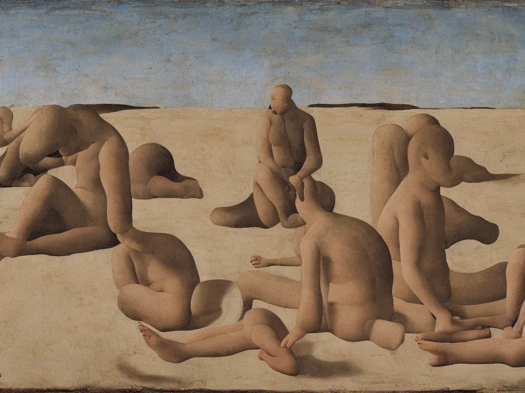 Prompt: Woman and man sitting with their soles touching in opposite directions on the sand. Landscape sculpted by Henri Moore. Painting by Piero della Francesca, Morandi, Balthus