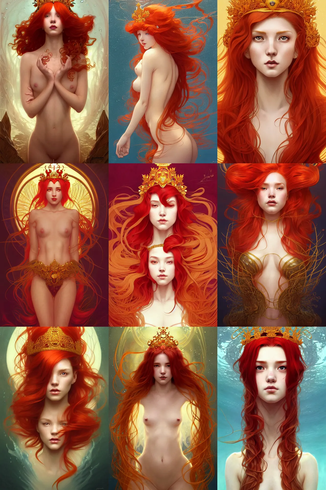 Prompt: symmetry, a red hair female underwater with a crown made of long golden fish!!, intricate, elegant, highly detailed, my rendition, digital painting, trending on artstation, concept art, smooth, sharp focus, illustration, art by artgerm and greg rutkowski and alphonse mucha and huang guangjian and gil elvgren and sachin teng
