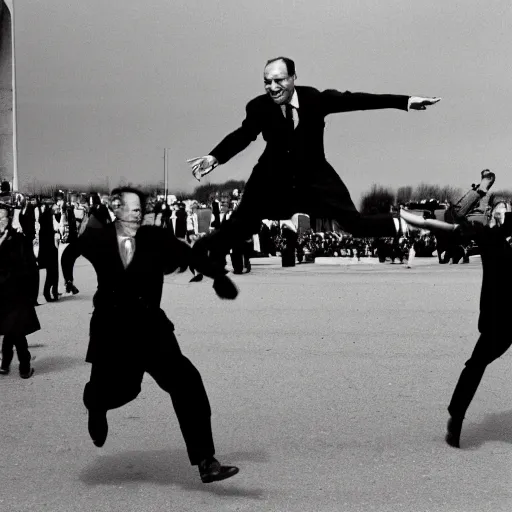 Prompt: Jacques Chirac jumping hover the Berlin wall, AFP, f4.0 120mm, award winning photography