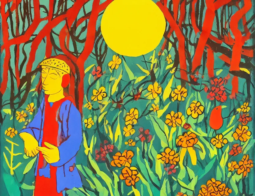 Prompt: animal god of ( ( flowers ) ) in the winter woods. gouache, limited palette with complementary colors, children's cartoon, backlighting, bold composition, depth of field.