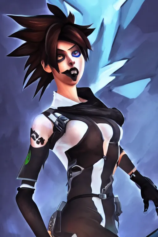 Prompt: digital drawing of tracer from overwatch in a goth style, wearing black lipstick and black eyeliner, 4 k, artstation, beautiful artwork, volumetric lighting, extremely detailed, neutral expression, focus on face, fog,