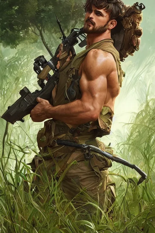 Image similar to handsome man as Rambo, wavy hairstyle, masculine figure, highly detailed, in a magical lush field of overgrown plants, digital painting, artstation, concept art, smooth, sharp focus, illustration, cinematic lighting, art by artgerm and greg rutkowski and alphonse mucha