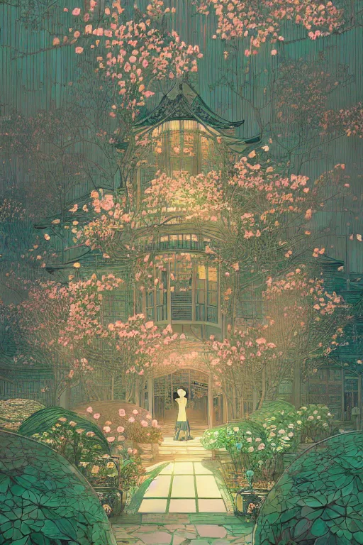 Image similar to a beautiful hyperdetailed matte illustration victo ngai style of absolutely beautiful blooming flower house, from china, perfectly shaded, atmospheric lighting, style of studio ghibli, makoto shinkai, raphael lacoste, louis comfort tiffany, artgerm, james jean, ross tran, chinese style