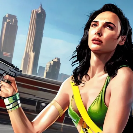 Image similar to gal gadot in gta v loading screen, cover art by stephen bliss, artstation, no text