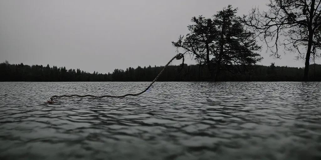Prompt: symmetrical photograph of an infinitely long rope submerged on the surface of the water, the rope is snaking from the foreground towards the center of the lake, a dark lake on a cloudy day, trees in the background, moody scene, dreamy kodak color stock, anamorphic lens