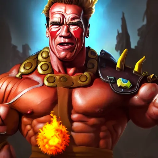 Image similar to a screenshot of arnold schwarzenegger as junkrat in overwatch holding tnt, portrait, fantasy, beautiful face, vivid colors, elegant, concept art, sharp focus, digital art, hyper - realistic, 4 k, unreal engine, highly detailed, hd, dramatic lighting by brom, trending on artstation