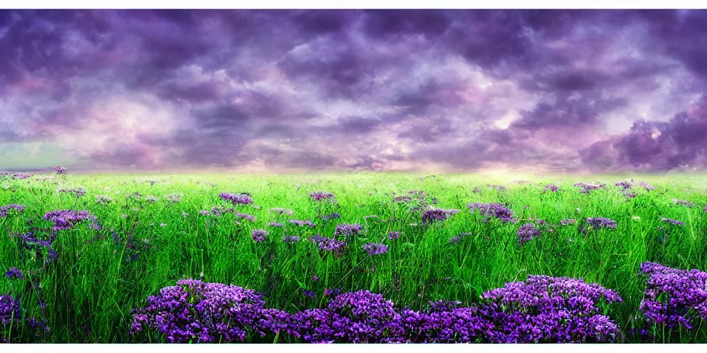 Image similar to field of green daisies, purple sky in background, matte painting