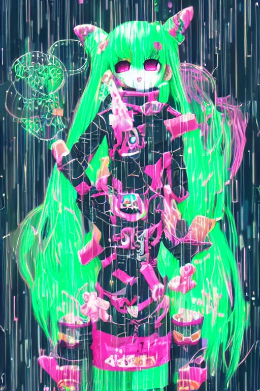 Image similar to cybergoth decora glitchcore yokai girl, sanrio ornaments, pastel cute cinematography | neo hong kong, rainy atmosphere, night time, bright lights, colorful signs, busy streets, high res, kowloon | anime decora gyaru kawaii fashion model, v tuber, darling in the frank,asuka, anime best girl, with glitch and scribble effects, psychedelic colors, 3d render octane, by wlop, wenjr, beeple, artstation,imaginefx