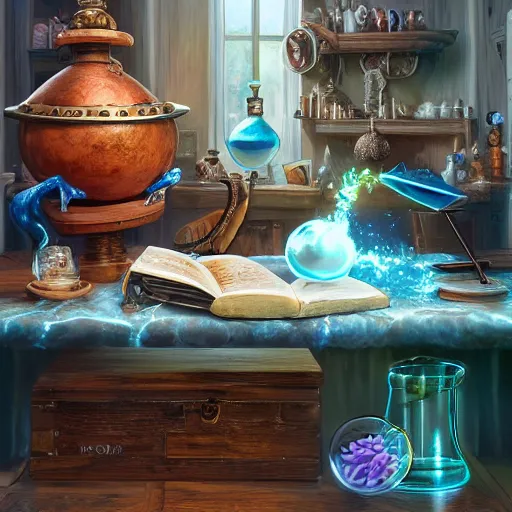 Image similar to hyper real, table, wizards laboratory, tony sart, mortar, pestle, scales with magic powder, energy flowing, magic book, beakers of colored liquid