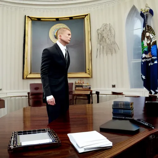 Prompt: Eminem in the president's office in the White House, photorealistic, high definition, cinematic lighting,