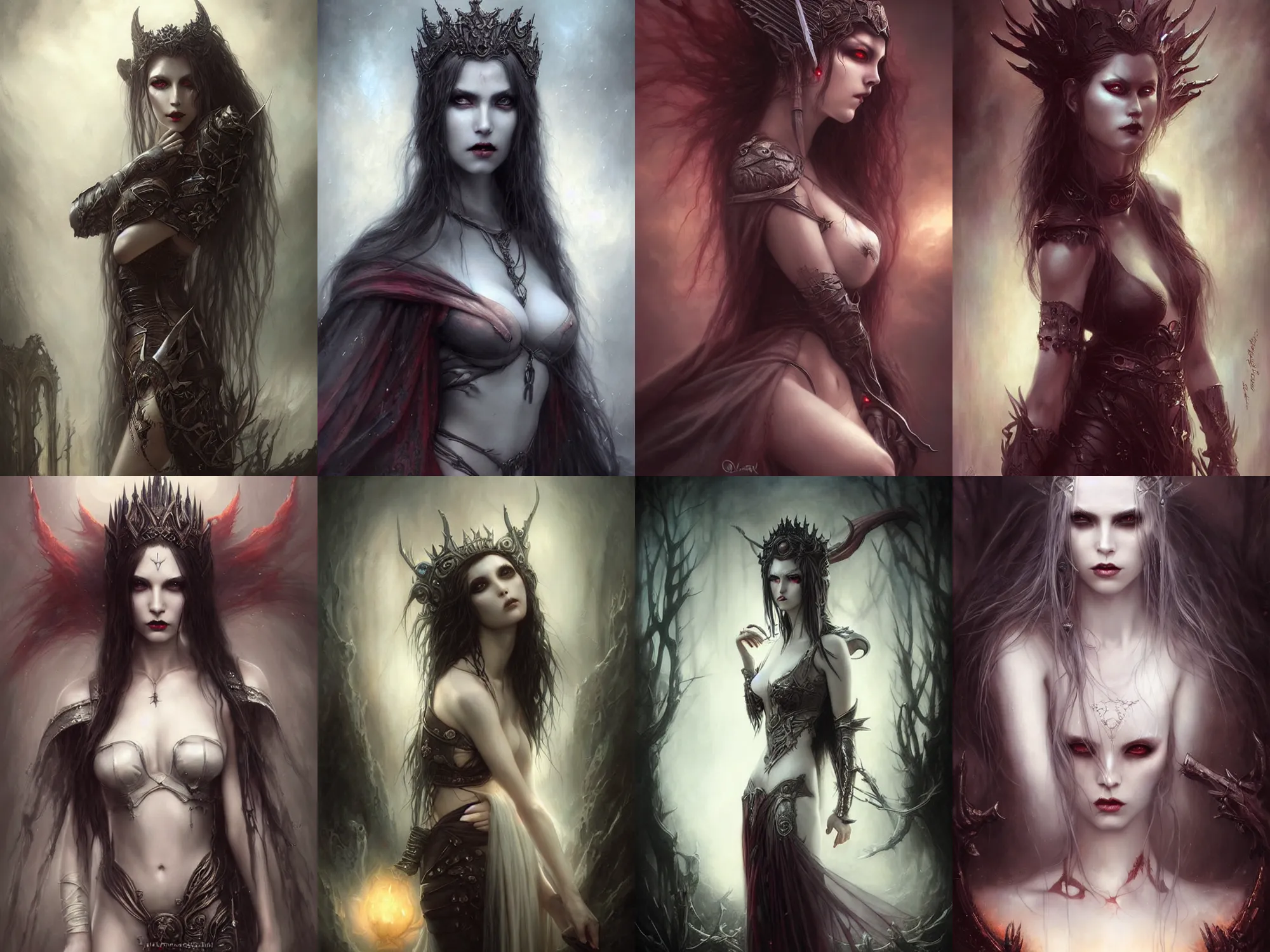 Prompt: a hauntingly beautiful vampire warrior queen / princess, painted by artgerm and tom bagshaw and luis royo, fantasy art, dramatic lighting, highly detailed oil painting