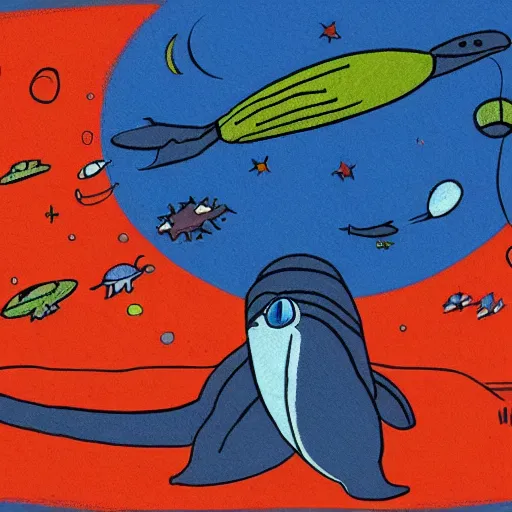 Image similar to a whale alien wistfully watches a spaceship fly away, sci-fi illustration,