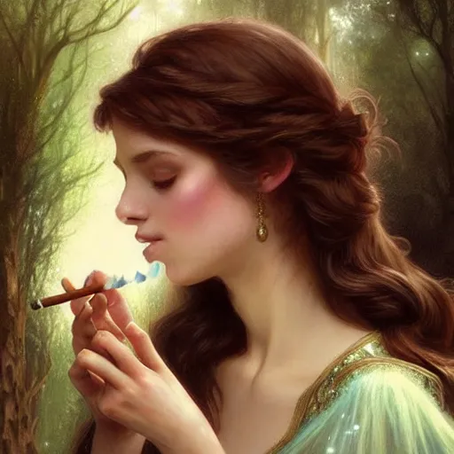 Prompt: a beautiful fantasy painting of a petite caucasian brunette smoking a j with a forest fairy in a enchanted forest, closeup, D&D, fantasy, intricate, elegant, highly detailed, digital painting, artstation, concept art, matte, sharp focus, illustration, art by Artgerm and Greg Rutkowski and Alphonse Mucha