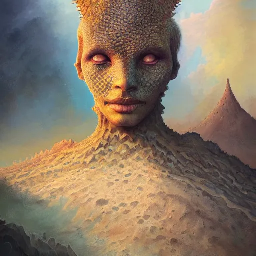 Image similar to a hyperrealistic illustration of a scaly monster covered in sand, desert with rocks with fractal sunlight, award-winning, masterpiece, in the style of Tom Bagshaw, Cedric Peyravernay, Peter Mohrbacher