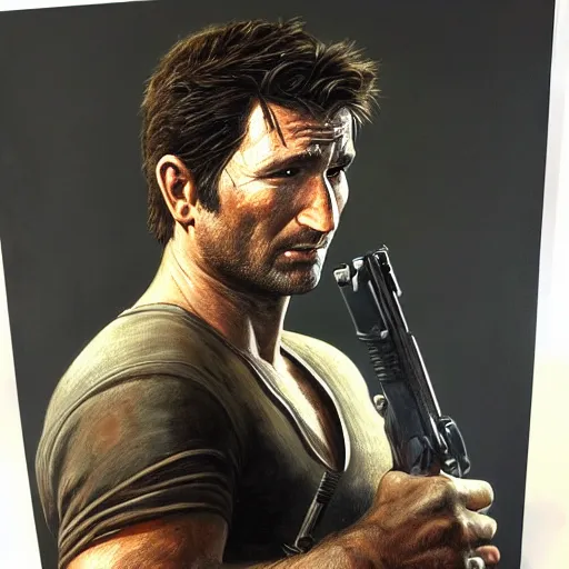 Image similar to ultra realistic portrait painting of nathan drake, art by frank frazetta, 4 k, ultra realistic, highly detailed, epic lighting