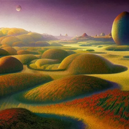 Prompt: a hyper realistic detailled matte painting of a world of verdant glens of amber fields, and oceans of black, during dawn, barometric projection, rectilinear, by jean giraud and john howe and james montgomery flagg featured on artstation, featured on behance, ultrawide angle.