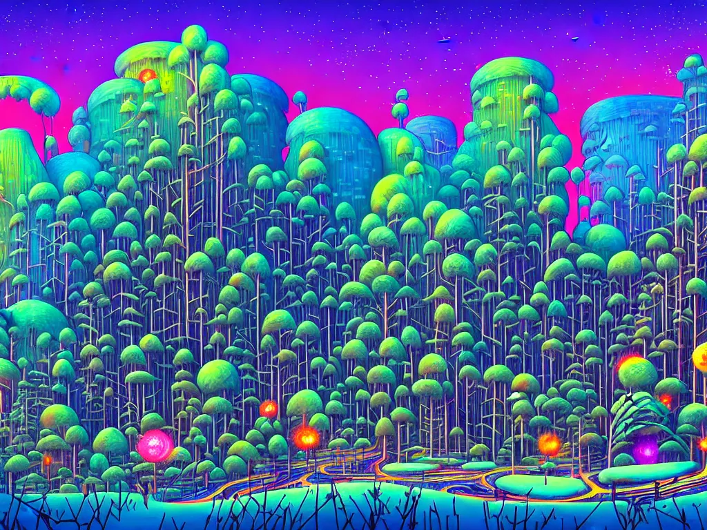 Image similar to forests and glades made of industrial raves on buildings on ice devices on mice in the style of lisa frank and moebius and giger and kubrick, ornate, beautiful, award-winning art, artstation