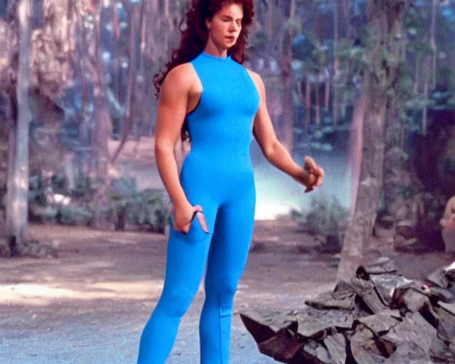 Image similar to a still of full body Sarah Bryant in her blue full body suit, of Virtua Figther, in the movie Hard Target (1993), HDR, high quality, 8k, highly detailed and intricate,