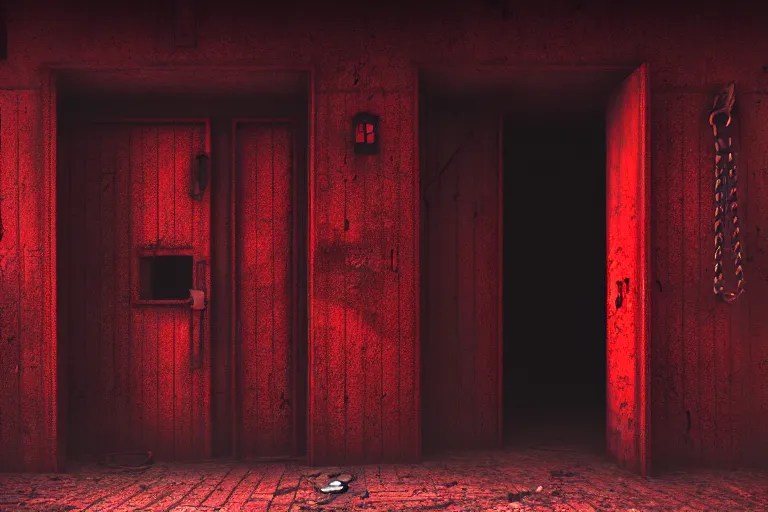 Image similar to boarded up padlocked red door, in a basement, chains across door, forbidden creepy mood, game art matte painting hyperdetailed, artstation, cgsociety, 8 k, surreal dream landscape