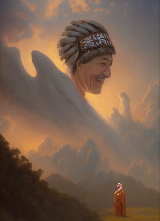 Image similar to portrait of an indigenous grandfather and grandmother in the clouds, smiling, protection, benevolence, ancestors, art by christophe vacher