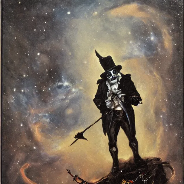 Prompt: grim-hatter, skull cane, voodoo ritual gear, matte painting art from goya and pirner, cursed oil painting, cosmic nebula color tones