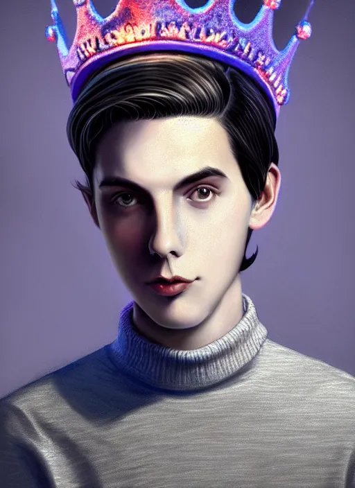 Image similar to portrait of teenage jughead jones wearing a light grey crown, crown, blue turtleneck, 1 9 5 0 s, closed eyes, photorealistic, black hair, glowing lighting, intricate, elegant, glowing lights, highly detailed, digital painting, artstation, concept art, smooth, sharp focus, illustration, art by wlop, mars ravelo and greg rutkowski