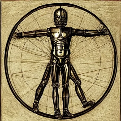 Image similar to c 3 po as the vitruvian man, drawing by leonardo da vinci, pencil