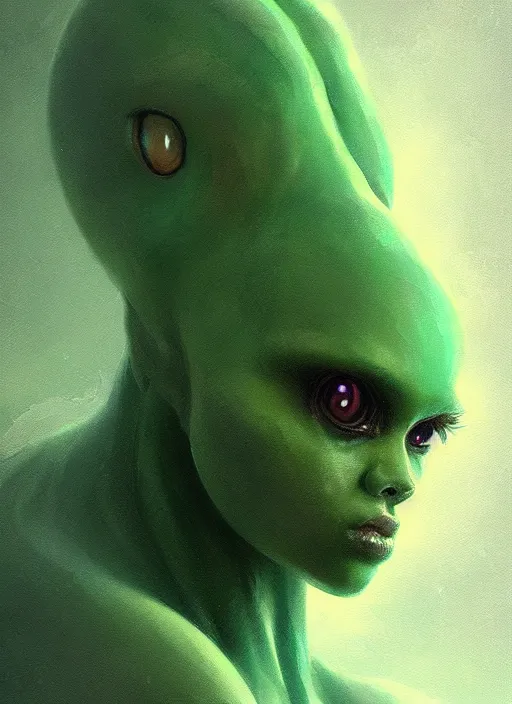 Image similar to portrait of my ethereal waifu cute innocent green slimy alien creature with adorable uwu eyes painted by greg rutkowski, wlop,,