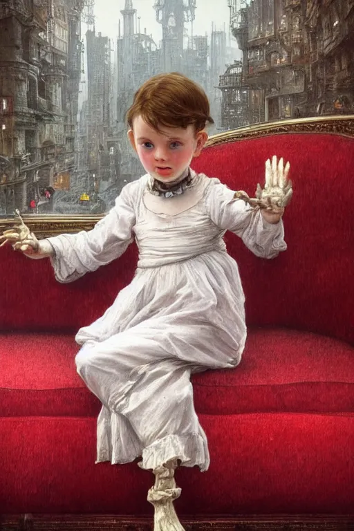 Image similar to photorealistic portrait photograph of a sad pale victorian robot child sitting on a red sofa made of human bones, surreal cityscape background, fantasy, depth of field, soft focus, highly detailed, intricate, realistic, national geographic cover, soft glow, textured, artstation, concept art, sharp focus, illustration, art by artgerm and greg rutkowski and alphonse mucha