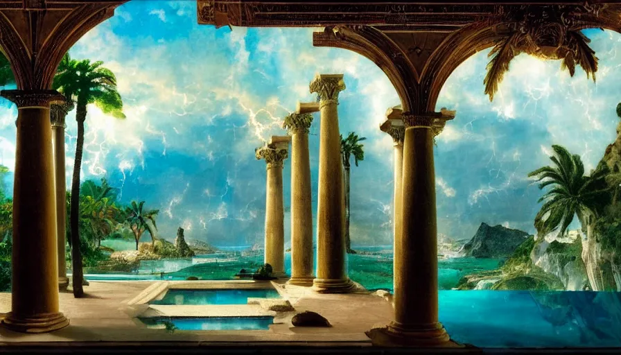 Image similar to Inside the giant Palace, mediterranean balustrade and columns line, refracted sparkles, thunderstorm, greek pool, beach and Tropical vegetation on the background major arcana sky and occult symbols, by paul delaroche, hyperrealistic 4k uhd, award-winning, very detailed paradise