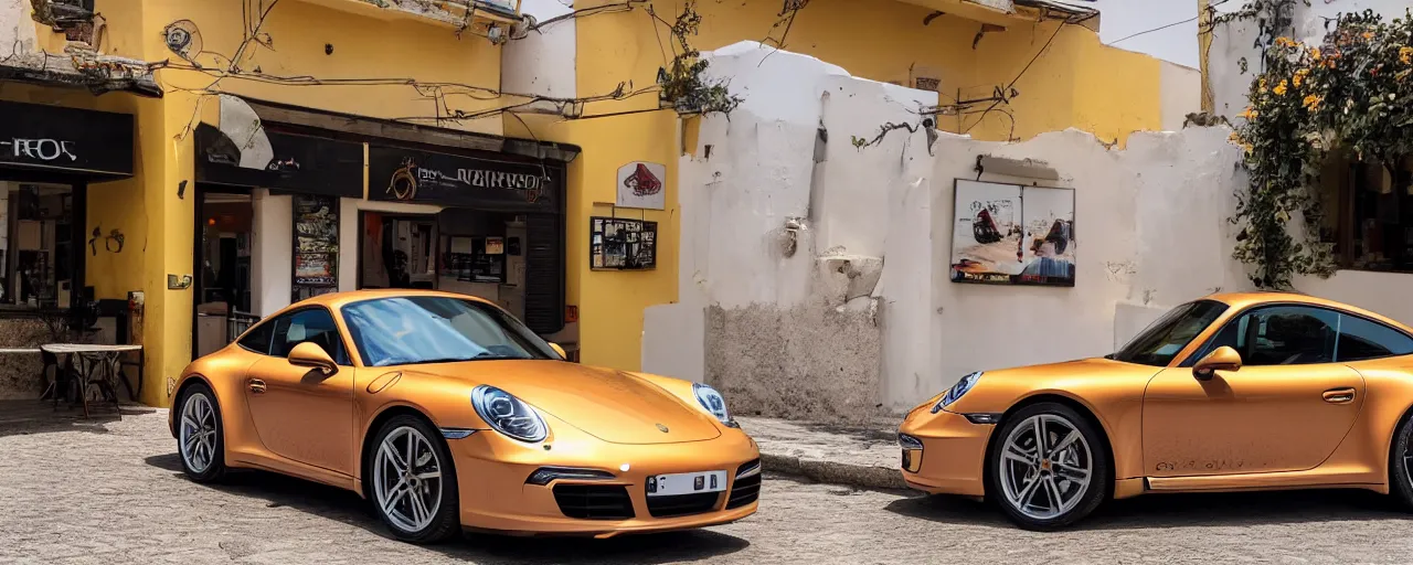 Image similar to Photo of a copper yellow Porsche 911 Carrera 3.2 parked in front of a cafe in Cyprus, daylight, dramatic lighting, award winning, highly detailed