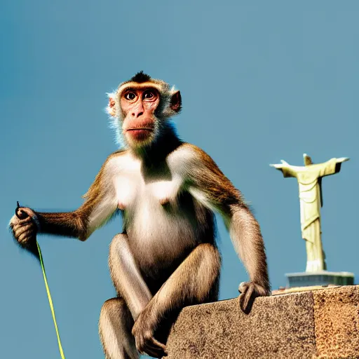 Image similar to high quality portrait of a monkey in front of Christ The Redeemer, studio photograph, photograph, realistic photo, 8k photo, 4k photo, stock photo, high resolution, cinematic shot, high detail