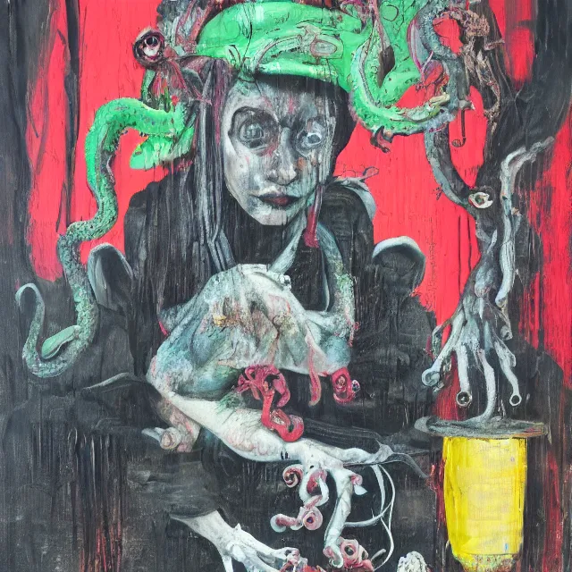 Image similar to a portrait in a dark apartment, rats, a widow holding an octopus, streetlamps, wet, puddles, wild berries, ikebana, neo - expressionism, surrealism, acrylic and spray paint and oilstick on canvas