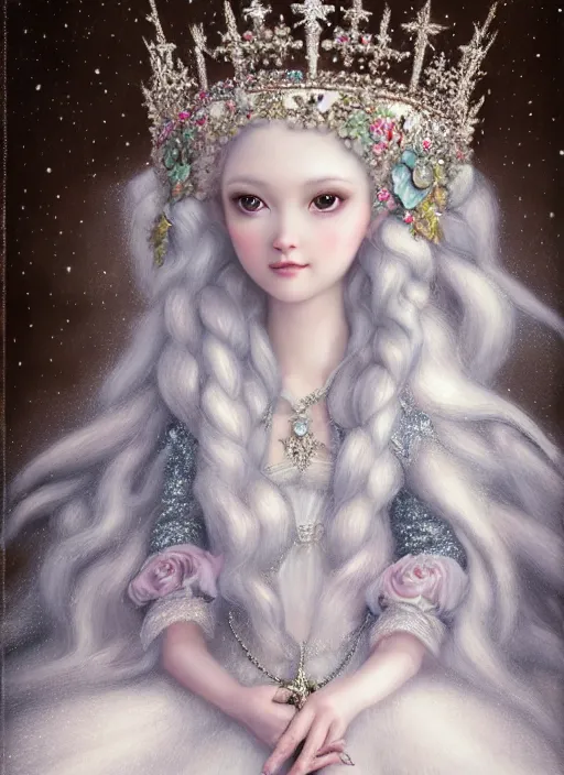 Image similar to highly detailed closeup portrait of a snow, ice princess wearing a crown and sitting on a throne, nicoletta ceccoli, mark ryden, lostfish, earl nore, global illumination, god rays, detailed and intricate environment