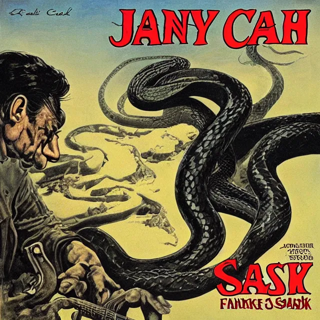 Image similar to album cover for Johnny Cash: The Snake Oil Tapes, album art by Frank Frazetta, snake oil album, snakes