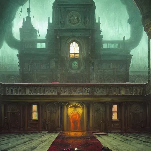 Image similar to eldritch legislature, fantasy, realistic colorful photography, interior, hyperrealism, incredible, award - winning photography, regal, rich colors, by greg rutkowski, lovecraftian