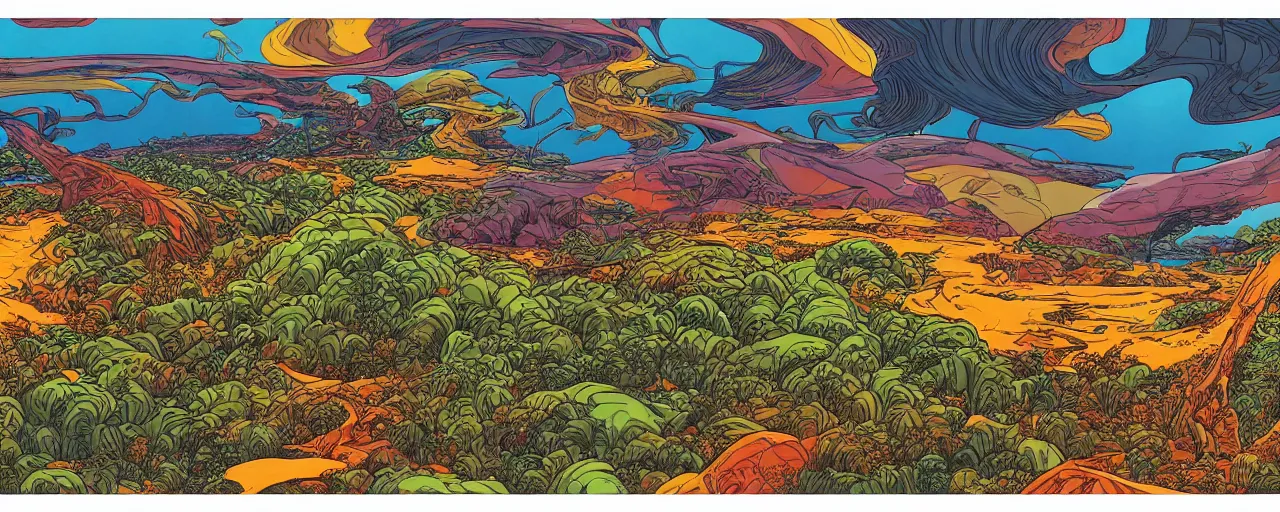 Image similar to panoramic view of an island on an alien planet, bold warm colours, intricate, elegant, highly detailed, smooth, sharp focus, graphic novel,