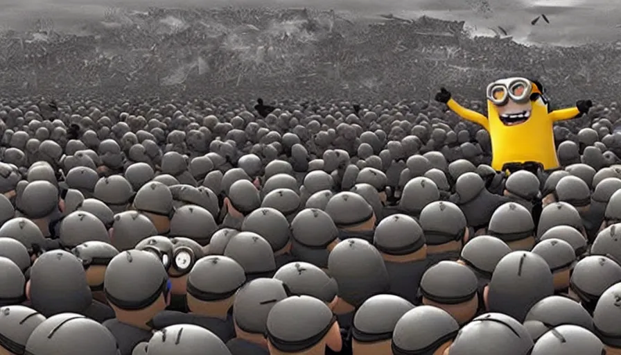 Prompt: millions of minions fighting the nazis during d - day, still from dreamworks movie