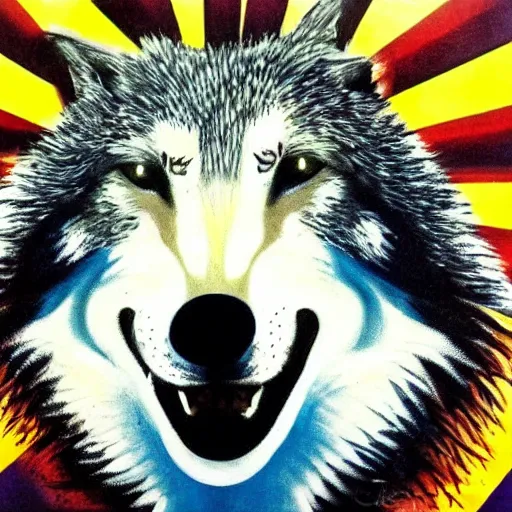 Image similar to portrait of retarded wolf, eyes in different directions, vivid colors, very poor, propaganda style