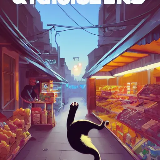 Image similar to cat robbing a food store, art gta 5 cover, artstation by jesper ejsing, by rhads, makoto shinkai and lois van baarle, ilya kuvshinov, ossdraws, and by feng zhu and loish and laurie greasley, victo ngai, andreas rocha, john harris