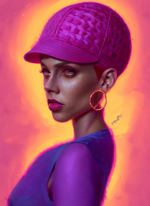 Image similar to portrait of vanessa morgan with bright pink hair, curly pixie cut hair, wearing a purple breton cap, breton cap, hoop earrings, intricate, elegant, glowing lights, highly detailed, digital painting, artstation, concept art, smooth, sharp focus, illustration, art by wlop, mars ravelo and greg rutkowski