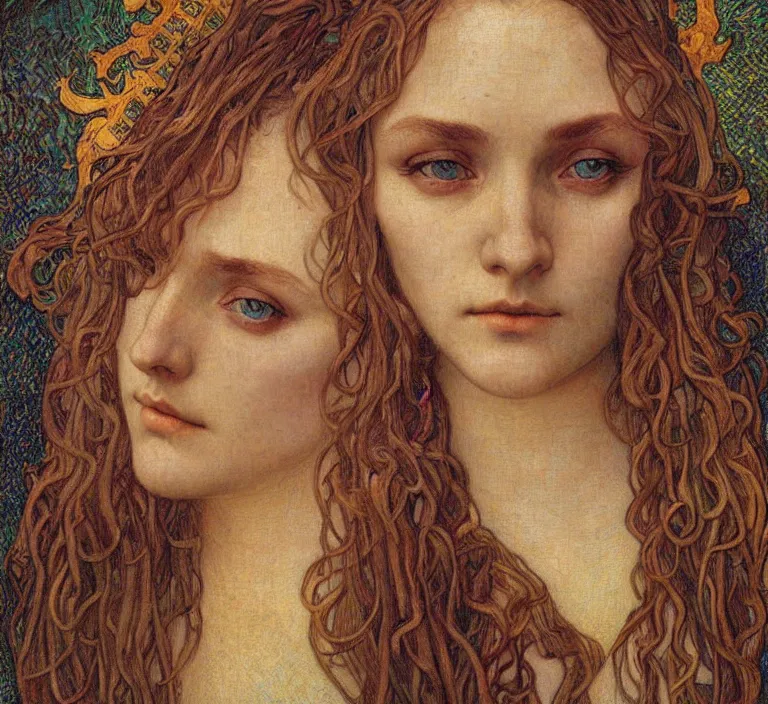 Image similar to detailed realistic beautiful young medieval queen face portrait by jean delville, alphonse mucha, vincent van gogh, and marco mazzoni, art nouveau, symbolist, visionary, gothic, pre - raphaelite