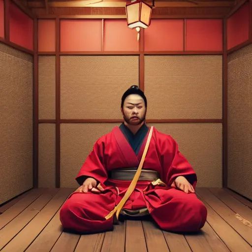 Prompt: a beautiful photograph of a samurai sitting on a wooden dojo floor with red paper lanterns hanging on the ceiling and the walls, trending on artstation, high detail, high quality, 8k, 4k, dramatic lighting, perfect composition