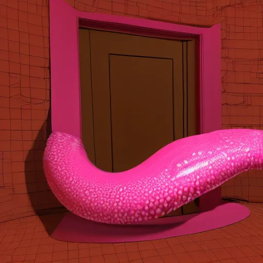 Prompt: isometric view of pink giant octopus tentacles sqeezing through door. cartoonish, 3 d, arnold render