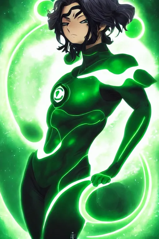 Image similar to anime key visual of a beautiful young female green lantern!! intricate, green and black suit, glowing, powers, dc comics, cinematic, stunning, highly detailed, digital painting, artstation, smooth, hard focus, illustration, art by artgerm and greg rutkowski and alphonse mucha
