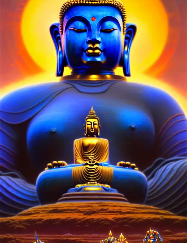 Prompt: a giant buddha mecha blue and gold, tim hildebrandt, wayne barlowe, bruce pennington, donato giancola, trending on artstation, cinematic composition, beautiful lighting, hyper detailed, 8 k, oil on canvas