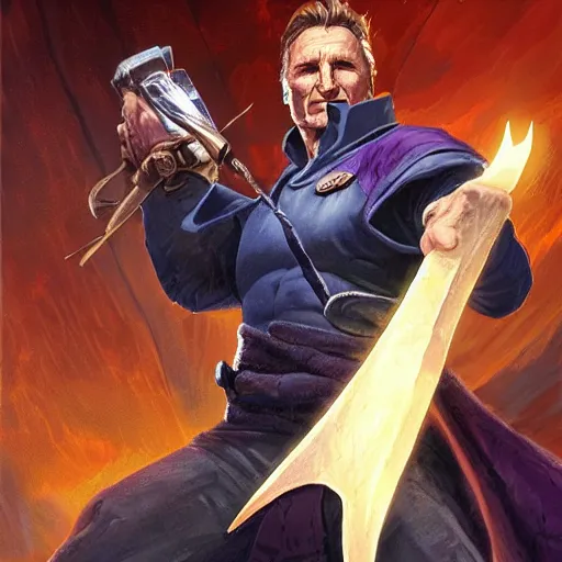 Image similar to Liam Neeson as Burl Gage, Antimage, wielding a dagger, iconic Character illustration by Wayne Reynolds for Paizo Pathfinder RPG