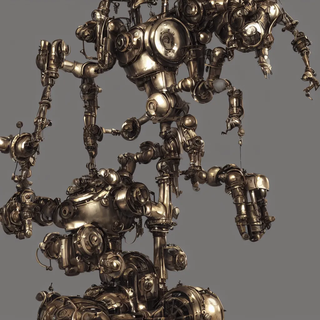 Image similar to steampunk style sweeping robot, photorealistic, 3 d rendering, cute, unreal engine, bokeh